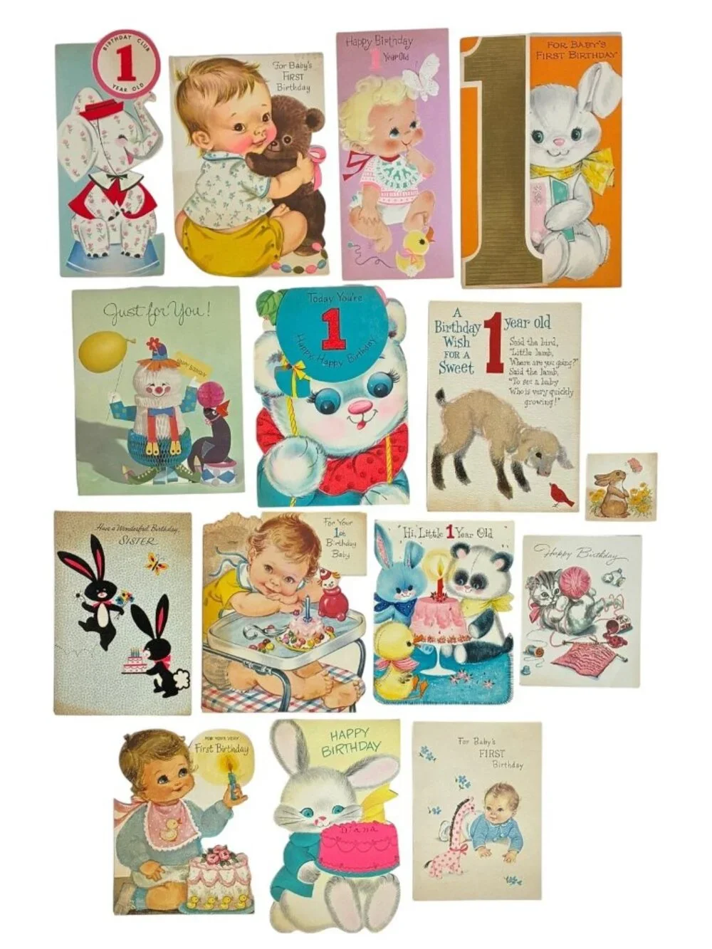 Vintage 1960s Birthday Greeting Cards Lot 15 Die Cut Flocked Baby Animals Clown